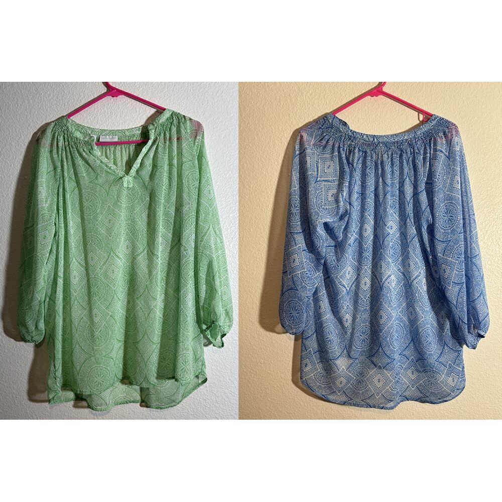New York & Co Lot of 2 Size M Sheer Mosaic Medallion Split Neck Flowy Blouses
